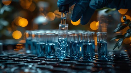 Scientist analyzing and dropping a sample into a glassware, laboratory experiments containing chemical liquid on glassware, DNA structure, innovations and technologies. - obrazy, fototapety, plakaty