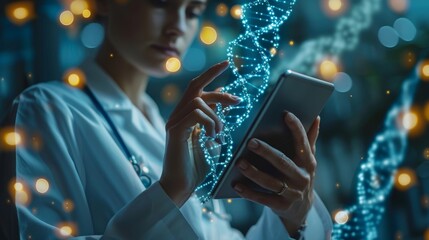 Electronic medical record being touched by a medical doctor on a tablet. Digital healthcare and network connection on hologram interface. Modern technology and futuristic concepts in healthcare. - obrazy, fototapety, plakaty