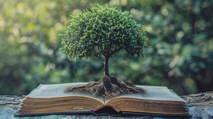 A tree growing from a book, symbolizing the growth of knowledge and wisdom
