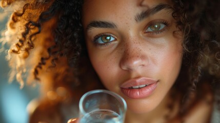 An image of a mixed race millennial woman holding a pill and a glass of fresh water, taking medicine for head ache, stomach pain, or taking vitamins or sedation meds, illustrating the health care