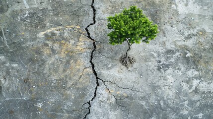 A tree growing through a crack in concrete, symbolizing the resilience of nature.