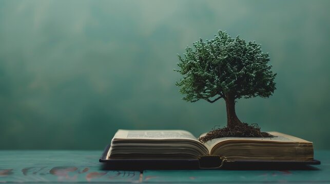 A tree growing from a book, symbolizing the growth of knowledge and wisdom
