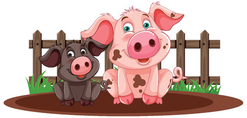 Two cartoon piglets near a fence in mud