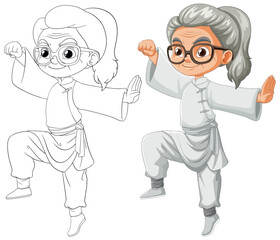 Colorful and line art illustrations of a karate grandma