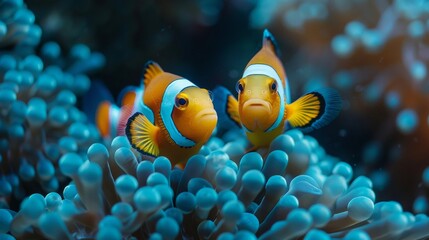 Fototapeta na wymiar There are two clownfish inside a blue anemone underwater