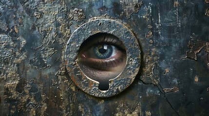 A keyhole with an eye looking through it, symbolizing the search for truth and enlightenment - obrazy, fototapety, plakaty