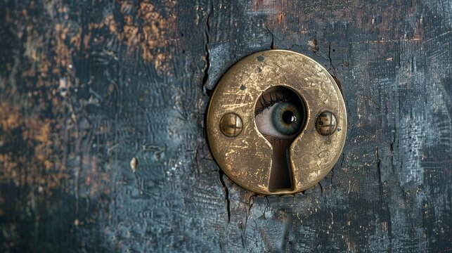 A keyhole with an eye looking through it, symbolizing the search for truth and enlightenment