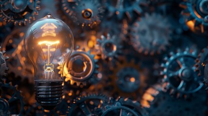 A light bulb illuminating a dark room filled with gears and machinery, symbolizing the power of innovation to overcome obstacles - obrazy, fototapety, plakaty
