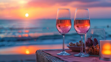 Romantic sunset dinner on the beach. Honeymoon table set for two with luxury dining Enjoy a glass...