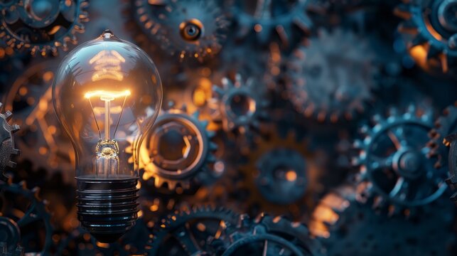 A light bulb illuminating a dark room filled with gears and machinery, symbolizing the power of innovation to overcome obstacles
