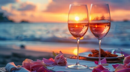 Romantic sunset dinner on the beach. Honeymoon table set for two with luxury dining Enjoy a glass of rose wine in a restaurant with a sea view. Happy Valentine's Day.