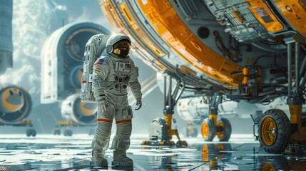 The spacecraft is refueled at the refueling station. Astronaut at the spaceship refueling station The concept of astronaut-traveler This animation is suitable for space and sci-fi backgrounds. - obrazy, fototapety, plakaty