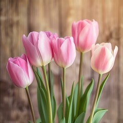 Elegant Pink Tulips on Rustic Wooden Background for Springtime