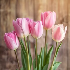 Fototapeta premium Elegant Pink Tulips on Rustic Wooden Background for Springtime
