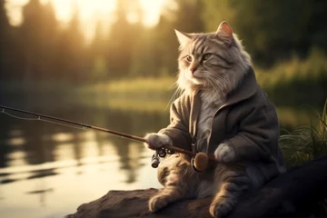 Foto op Canvas Cute cat in fisherman's clothes catches fish with a fishing rod on the river © johnalexandr