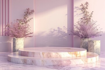 marble Podium stand studio room purple gold color background 3d pedestal platform background....