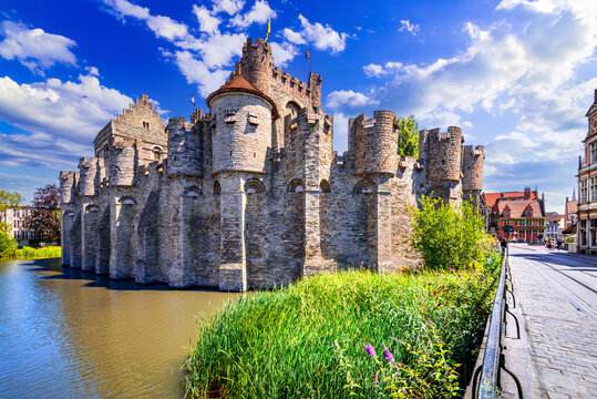 Ghent, Belgium. Medieval castle Gravensteen in Gent, East Flanders beautiful city.
