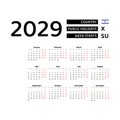 Calendar 2029 English language with Israel public holidays. Week starts from Sunday. Graphic design vector illustration.