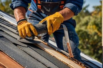 Roofer installing a roof covering. Concept of residential building under construction