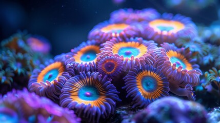 Multicolored saltwater zoanthids can be found in this colony. - obrazy, fototapety, plakaty