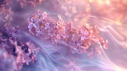 Lilac Dreamscape: A surreal dreamscape of lilac blooms, swirling in calming rhythms with a touch of warm hues. - obrazy, fototapety, plakaty