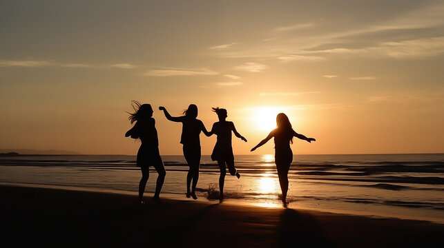 Happy friends having fun on beach at sunset background