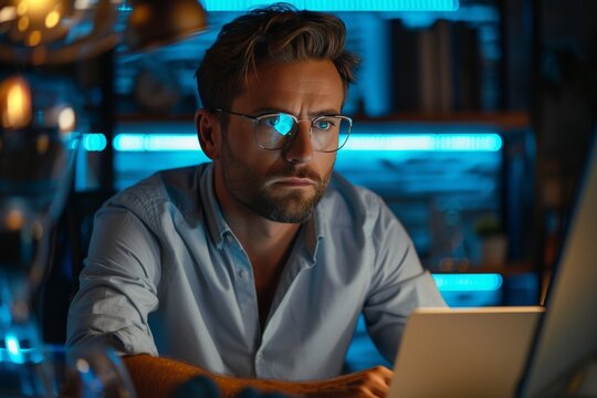 Tech-savvy businessman analyzes data on computer in night office atmosphere