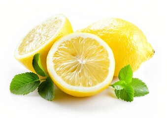 Fresh Whole and Sliced Lemons with Mint Leaves on White Background