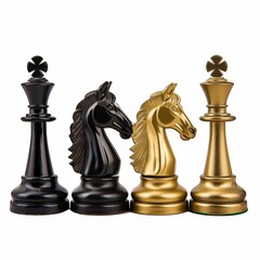 Elegant Black and Gold Chess Pieces Against White Background