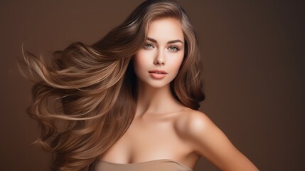 Fototapeta premium Model girl with shiny healthy hair and glowing tan skin for hair and skin care products