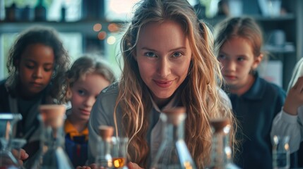 A young female chemistry teacher is teaching a group of multi-ethnic teenage students. Observe chemical reactions in glass bottles in the school laboratory.