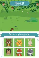 Vector cut and glue activity. Forest. Animal habitats. Crafting game with animals illustration. Fun printable worksheet. 