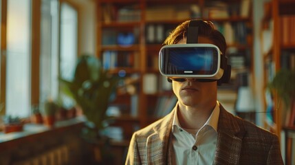 Young Businessman wearing VR glasses in start up office for meeting in the metaverse online - obrazy, fototapety, plakaty