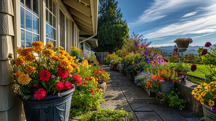 An artistic arrangement of 4K HDR fresh flowers in pots, strategically placed on a house lawn, where the blooms add a pop of color to the outdoor living space.