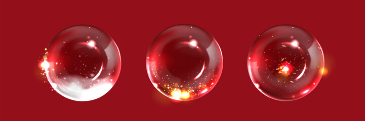 Glass globe with snowflakes and bright sparkles on red background. Realistic vector illustration set of transparent balls for Christmas and New Year decoration. Empty xmas crystal sphere with twinkles