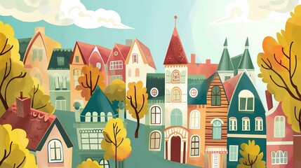 Charming Cartoon Illustration of Cozy Autumn Village with Colorful Houses