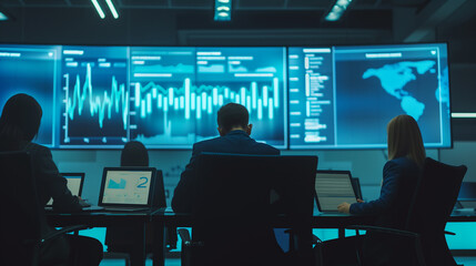 Business people working in modern office with data analyzing charts and graphs on screens