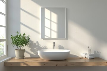 Fototapeta na wymiar Modern Minimalist Bathroom Interior with White Basin on Wooden Shelf, Fresh Plants, and Folded Towels