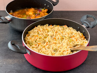 Chinese fried rice and chilly chicken curry Chicken fried rice with vegetables fried eggs basmati grain very popular food in restaurants Kerala Mumbai India Sri Lanka china