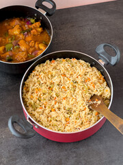 Chinese fried rice and chilly chicken curry Chicken fried rice with vegetables fried eggs basmati grain very popular food in restaurants Kerala Mumbai India Sri Lanka china
