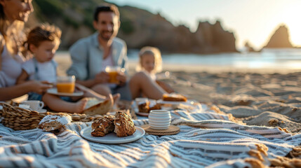 A family having a picnic on the beach - obrazy, fototapety, plakaty