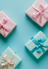 Elegant Gift Boxes with Satin Ribbons on Pastel Blue Background