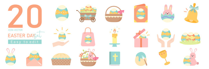 Happy Easter icon set. International religious holiday. Spring traditional festival. Cartoon flat vector collection