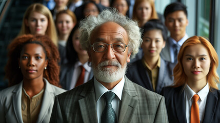 Mature boss of company with business team