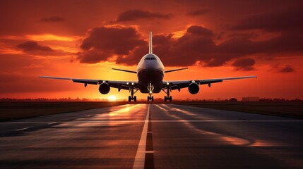 Fototapeta na wymiar Passenger and cargo planes taking off at airport runway against stunning sunset sky