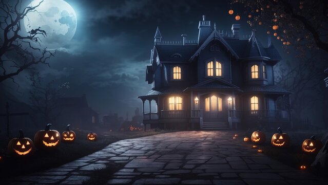 3D illustration of a Halloween house concept background