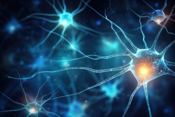 Naklejka na ściany i meble Nerve cells or neural networks with cell activity between each other. Neurology and the nervous system, Ai Generated