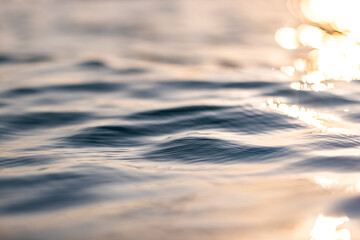 Beautiful closeup sea water surface. Sunset sunrise gold blue colors calm soft waves relaxing horizon. Dream fantasy shallow focus, blur seascape sky. Tranquil peaceful nature pattern, Mediterranean
- 750388136