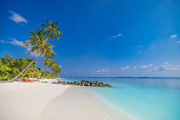 Happy sunshine blue sky waves under palm trees. Beautiful tropical Maldives island scene blue sea holiday vacation background. Amazing summer travel tourism. Ocean coast sandy beach. Exotic nature