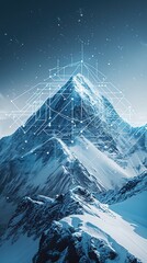 A cold snowy mountain peak with a cybernetic overlay showing information about the mountain such as how to climb to the top - obrazy, fototapety, plakaty